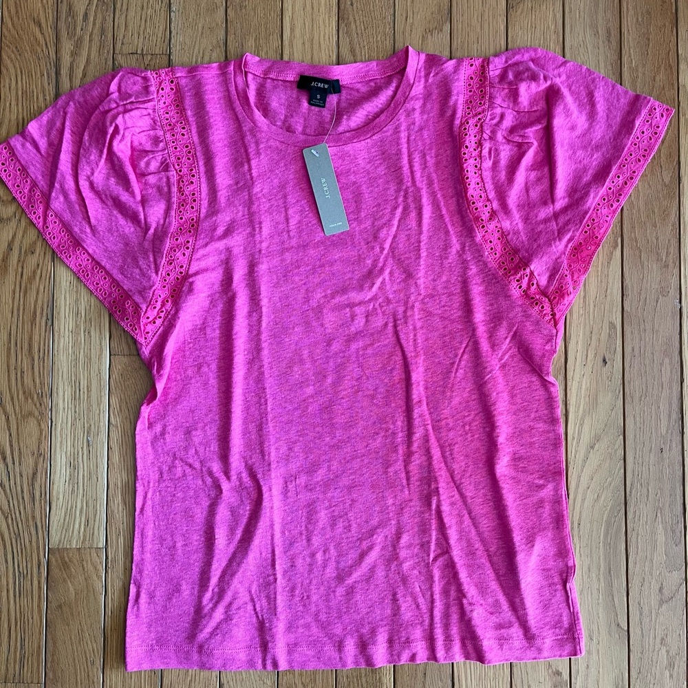 J. Crew Bright Pink Lace Sleeve Women's Tee